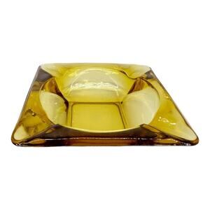 Vintage MCM Amber Glass Cigar Ashtray Square Mid Century Modern Cigarette 4.5”